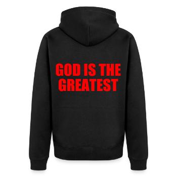 god is the greatest - Unisex Premium Bio Zip Hoodie - Schwarz - Hinten - Nico (187cm)
