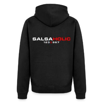 SALSAHOLIC 123-567 – Tanzoutfit für Salsasüchtige - Unisex Premium Bio Zip Hoodie - Schwarz - Hinten - Nico (187cm)