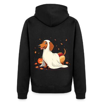 Hotdog Geisterdackel – Heulen-Buu! - Unisex Premium Bio Zip Hoodie - Schwarz - Hinten - Nico (187cm)