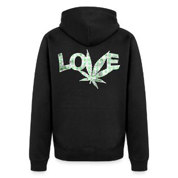 Love Marijuana Cannabis Blatt - Unisex Premium Bio Zip Hoodie - Schwarz - Hinten - Nico (187cm)