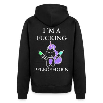 Pflegehorn - Unisex Premium Bio Zip Hoodie - Schwarz - Hinten - Nico (187cm)