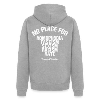Homophobie fascisme sexisme - Veste à capuche bio Premium Unisexe - gris chiné - Dos - Nico (187cm)