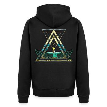 Geometrische Göttin Isis - Unisex Premium Bio Zip Hoodie - Schwarz - Hinten - Nico (187cm)