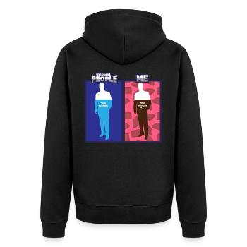SCHOKOLADENMILCH Normale Leute gegen mich - Unisex Premium Bio Zip Hoodie - Schwarz - Hinten - Nico (187cm)