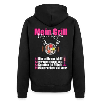 cooles BBQ Mein Grill meine Regeln Geschenk - Unisex Premium Bio Zip Hoodie - Schwarz - Hinten - Nico (187cm)