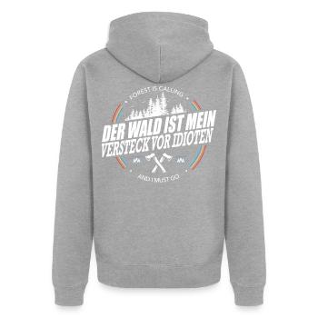 BOIS SCIE TRONÇONNEUSE CADEAU FORÊT DES FRÈRES BOIS - Veste à capuche bio Premium Unisexe - gris chiné - Dos - Nico (187cm)