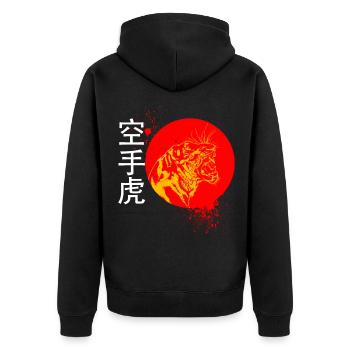 Karate und ein Tiger mit Japanischen Symbolen - Unisex Premium Bio Zip Hoodie - Schwarz - Hinten - Nico (187cm)