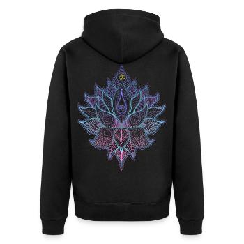 Indische Blume mit Ornamenten und Om Symbol - Unisex Premium Bio Zip Hoodie - Schwarz - Hinten - Nico (187cm)