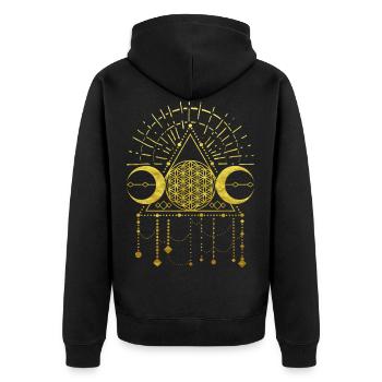 Blume des Lebens Schamanen Geometrie Symbol Gold - Unisex Premium Bio Zip Hoodie - Schwarz - Hinten - Nico (187cm)