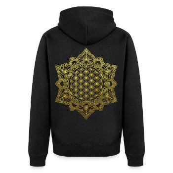 Fleur de vie Géométrie sacrée en or - Veste à capuche bio Premium Unisexe - noir - Dos - Nico (187cm)