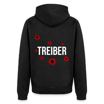 Lustiges Treiber Tshirt mit Einschußlöchern - Unisex Premium Bio Zip Hoodie - Schwarz - Hinten - Nico (187cm)