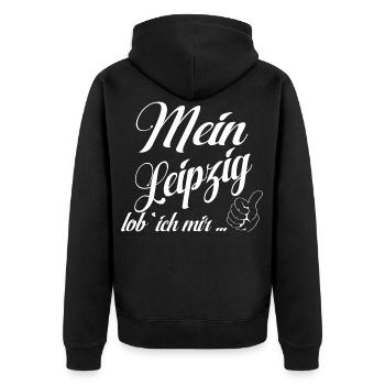Mein Leipzig lob ich mir Shirt bedruckt - Unisex Premium Bio Zip Hoodie - Schwarz - Hinten - Nico (187cm)