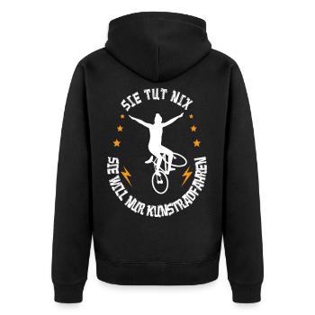 Sie tut nix sie will nur Kunstradfahren - Unisex Premium Bio Zip Hoodie - Schwarz - Hinten - Nico (187cm)