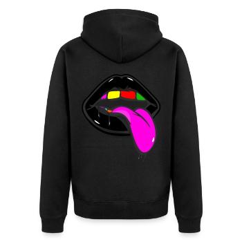 Schwarze Lippen und Regenbogenzähne mit Zunge - Unisex Premium Bio Zip Hoodie - Schwarz - Hinten - Nico (187cm)