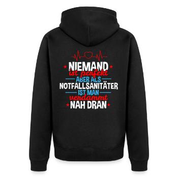 Niemand Perfekt Sanitäter nah dran - Unisex Premium Bio Zip Hoodie - Schwarz - Hinten - Nico (187cm)
