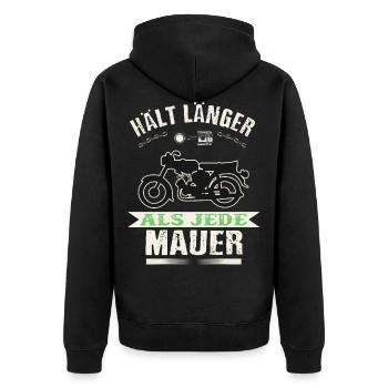 Moped s50 s51Hält länger als jede Mauer Simme - Unisex Premium Bio Zip Hoodie - Schwarz - Hinten - Nico (187cm)