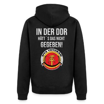DDR Sprüche Osten Ostalgie NVA Veteran Geschenk - Unisex Premium Bio Zip Hoodie - Schwarz - Hinten - Nico (187cm)