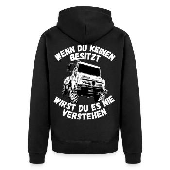 Unimog , Nutzfahrzeug, Lkw, Unimog 406, Traktor - Unisex Premium Bio Zip Hoodie - Schwarz - Hinten - Nico (187cm)