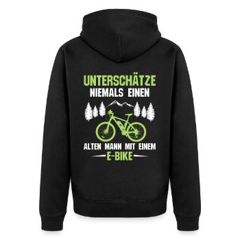 Unterschätze niemals einen alten Mann mit E-Bike - Unisex Premium Bio Zip Hoodie - Schwarz - Hinten - Nico (187cm)