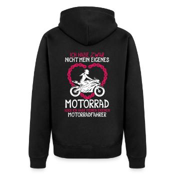 Ich habe zwar nicht mein eigenes Motorrad Bikerin - Unisex Premium Bio Zip Hoodie - Schwarz - Hinten - Nico (187cm)