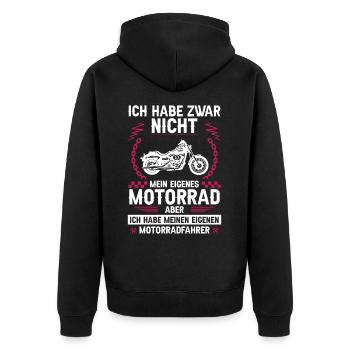 Ich habe zwar nicht mein eigenes Motorrad - Unisex Premium Bio Zip Hoodie - Schwarz - Hinten - Nico (187cm)