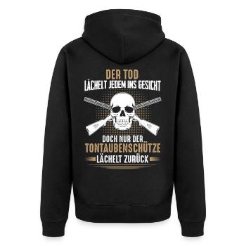 Der Tod lächelt jedem ins Gesicht Tontaubenschütze - Unisex Premium Bio Zip Hoodie - Schwarz - Hinten - Nico (187cm)
