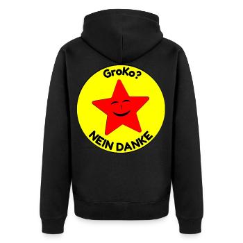 GroKo? nein danke - Unisex Premium Bio Zip Hoodie - Schwarz - Hinten - Nico (187cm)