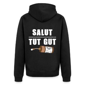 Pyrotechnik Salut Tut Gut Silvester Böller Kracher - Unisex Premium Bio Zip Hoodie - Schwarz - Hinten - Nico (187cm)