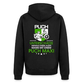 Unterschätze niemals einen alten Mann mit Steyr - Unisex Premium Bio Zip Hoodie - Schwarz - Hinten - Nico (187cm)