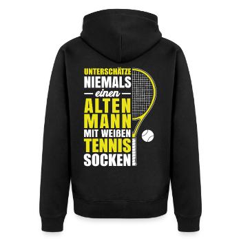 Unterschätze nie alten Mann - weiße Tennis Socken - Unisex Premium Bio Zip Hoodie - Schwarz - Hinten - Nico (187cm)