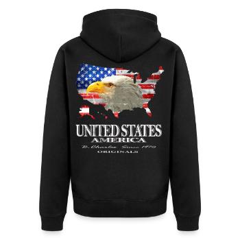 United States Amerika USA Flagge Weisskopfseeadler - Unisex Premium Bio Zip Hoodie - Schwarz - Hinten - Nico (187cm)