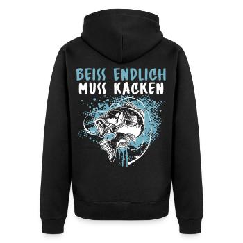 Lustiges Angler Fischer Beiss endlich muss kacken - Unisex Premium Bio Zip Hoodie - Schwarz - Hinten - Nico (187cm)