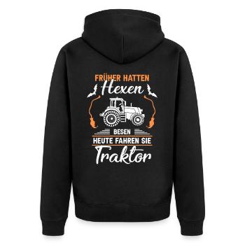 Früher hatten Hexen Besen Heute Fahren Sie Traktor - Unisex Premium Bio Zip Hoodie - Schwarz - Hinten - Nico (187cm)
