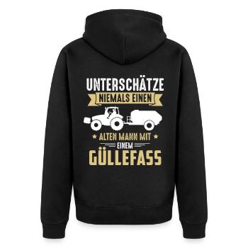 Unterschätze nie einen alten Mann mit Güllefass - Unisex Premium Bio Zip Hoodie - Schwarz - Hinten - Nico (187cm)