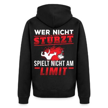 Eisstock Wer nicht stürzt spielt nicht am Limit - Unisex Premium Bio Zip Hoodie - Schwarz - Hinten - Nico (187cm)