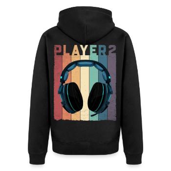 Partnerlook Player 1 2 gaming Headset - Unisex Premium Bio Zip Hoodie - Schwarz - Hinten - Nico (187cm)