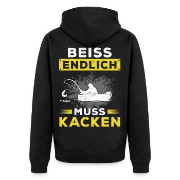Lustiges Angler Fischer Beiss endlich muss kacken - Unisex Premium Bio Zip Hoodie - Schwarz - Hinten - Nico (187cm)