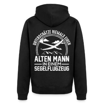 Unterschätze nie einen alten Mann in Segelflugzeug - Unisex Premium Bio Zip Hoodie - Schwarz - Hinten - Nico (187cm)