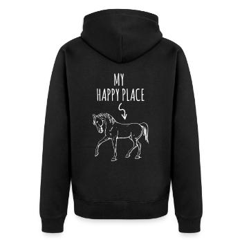 Lustiges Pferde T-Shirt My Happy Place für Reiter - Unisex Premium Bio Zip Hoodie - Schwarz - Hinten - Nico (187cm)