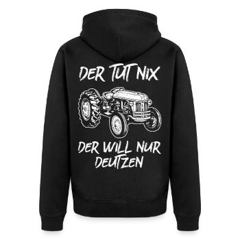Der tut nix der will nur Deutzen Oldtimer Traktor - Unisex Premium Bio Zip Hoodie - Schwarz - Hinten - Nico (187cm)