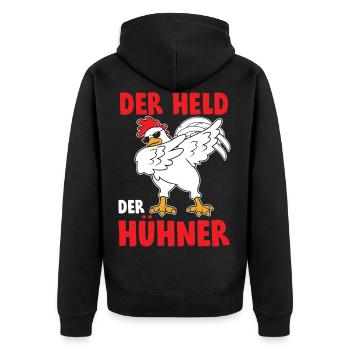 Der Held der Hühner Dabbing Huhn - Unisex Premium Bio Zip Hoodie - Schwarz - Hinten - Nico (187cm)