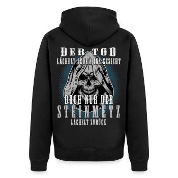 Steinmetz Shirt bedruckt in top Markenqualität - Unisex Premium Bio Zip Hoodie - Schwarz - Hinten - Nico (187cm)