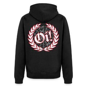 Oi Skinhead Shirt Punk Rock Cheers and Oi - Unisex Premium Organic Zip Hoodie - black - Back - Nico (187cm)