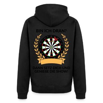 BIN ICH DRAN Dann genieß die Show Dart lustig - Unisex Premium Bio Zip Hoodie - Schwarz - Hinten - Nico (187cm)