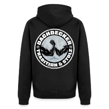 Dachdecker Shirt Tradition und Stolz - Unisex Premium Bio Zip Hoodie - Schwarz - Hinten - Nico (187cm)