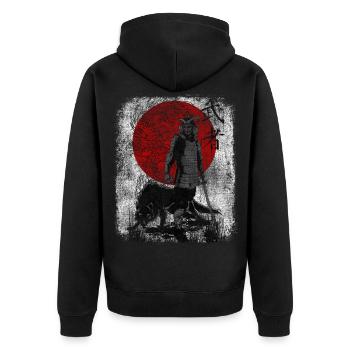 japanischer Samurai Wolf Art Krieger Bushido Martial - Unisex Premium Bio Zip Hoodie - Schwarz - Hinten - Nico (187cm)