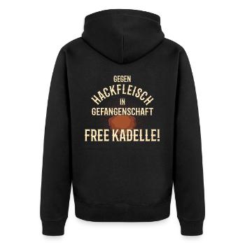 Hackfleisch in Gefangenschaft FREE KADELLE Metzger - Unisex Premium Bio Zip Hoodie - Schwarz - Hinten - Nico (187cm)