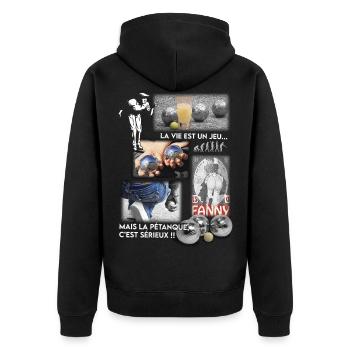 DAS LEBEN IST EIN SPIEL, ABER PETANQUE IST ERNST - Unisex Premium Bio Zip Hoodie - Schwarz - Hinten - Nico (187cm)