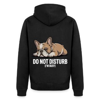 Französische Bulldogge Bitte nicht stören Ich bin beschäftigt - Unisex Premium Bio Zip Hoodie - Schwarz - Hinten - Nico (187cm)