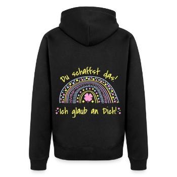 GLÜCKSBRINGER - Du schaffst das! Ich glaub an dich - Unisex Premium Bio Zip Hoodie - Schwarz - Hinten - Nico (187cm)
